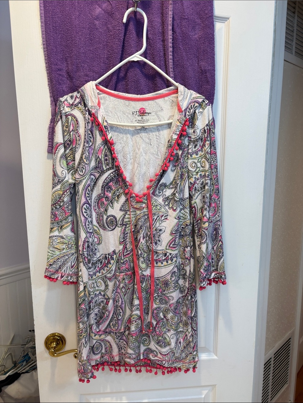 PJ Salvage White Paisley Tunic with Pink Pom Trim